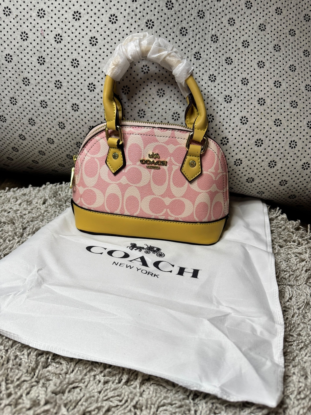 Pink & Yellow Monogram Dome Satchel Handbag Gold Tone Hardwar